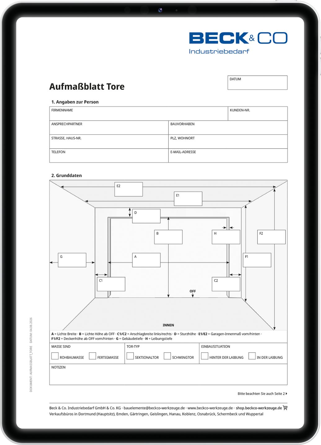 Beck Formular Aufmass Türen