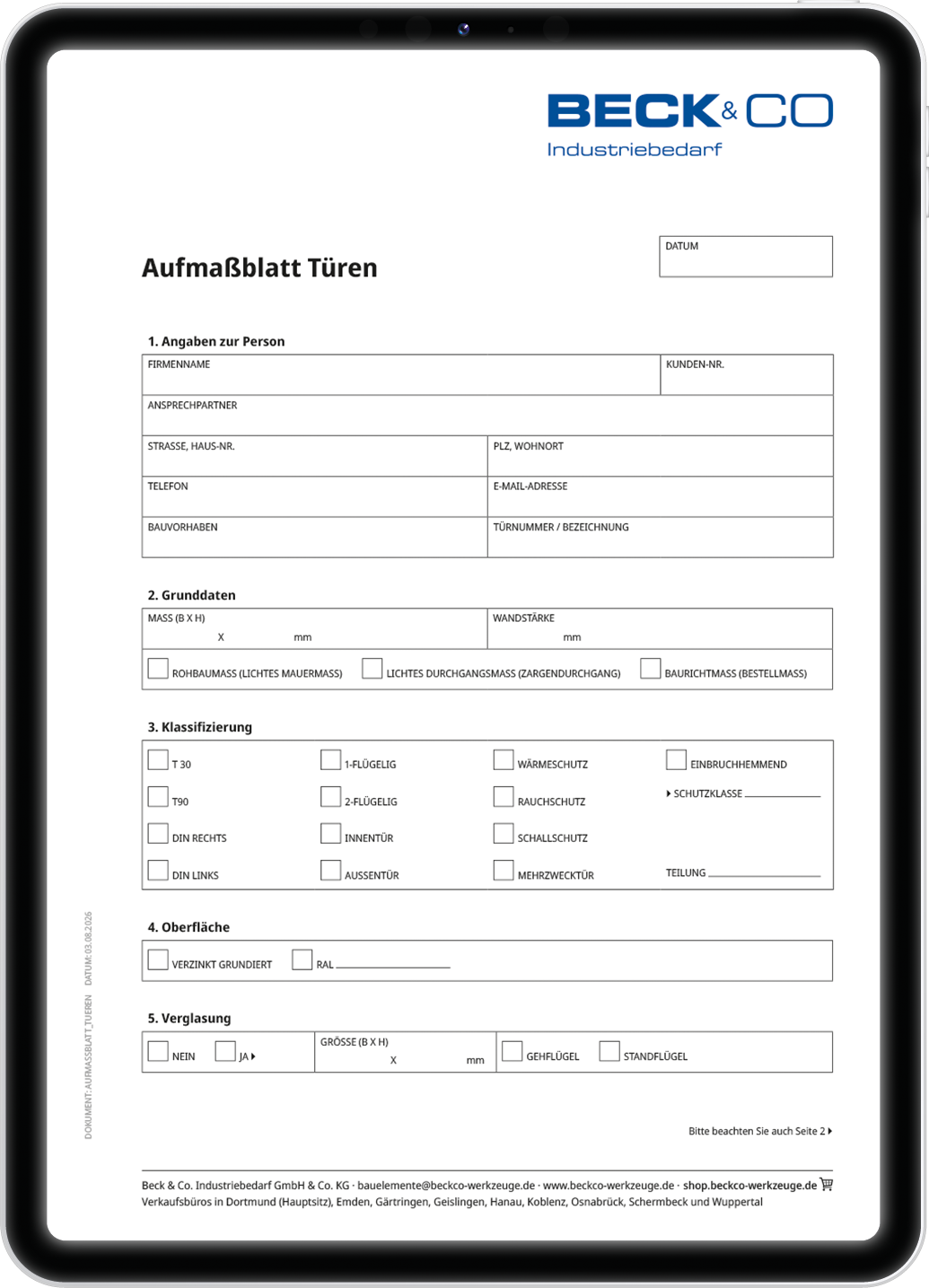 Beck Formular Aufmass Türen
